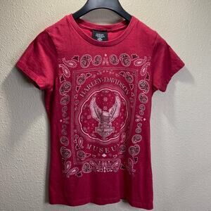Harley Davidson Women Red Paisley Wisconsin Museum Short Sleeve Shirt Size S